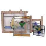 4 pieces of stained leadlight glass window panels, 2 pine-framed, largest unframed 37.5cm x 31cm The