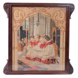 An Antique woolwork picture depicting choristers, mahogany-framed, 43 x 43cm