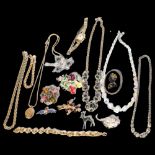 A collection of Vintage costume jewellery, including a stone set necklace, a gilt-metal locket,