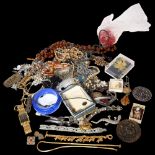 A box of various costume jewellery, including silver brooches including a Celtic design, a lava