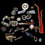 A group of various jewellery, including coral necklace, relief carved cameo brooch, thistle