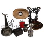 A cast-metal strut photo frame, H32cm, pewter items, desk lamp, copper and brass bowl on foot, a