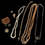 A cultured pearl bead necklace, with 9ct gold clasp, 2 x 9ct gold crosses, a silver crucifix,
