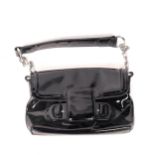 Jaeger black patent leather handbag with chain link handle, length approx 23cm Very good condition