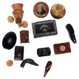 A collection of various treen items, including 3 fruitwood bobbin holders, designed as hat box,