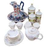 Bone china tea service including teapot, a reproduction Imari style wash jug and basin, and a set of