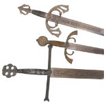 3 reproduction broad swords with decorative hilts and handles, lengths 119cm, 100cm and 96cm