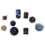 A group of Oriental cloisonne boxes, teapot, miniature tape measure, a Chinese blue an white tea