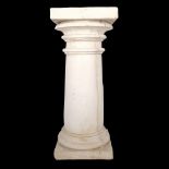 A white finished concrete garden pedestal, with turned column and flat base, top width 24cm,