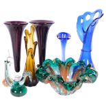 A pair of amethyst Art glass vases, 26cm, a glass cockerel, Art glass dish etc