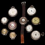 A collection of Continental silver fob and watch cases, some with floral decorated enamel dials (A/