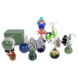 A Chinese boxed paperweight, clown, stag, Mdina and other glass paperweights, Latticino glass