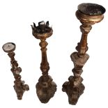 A group of Antique Continental carved and painted wood pricket candlesticks, tallest 87cm