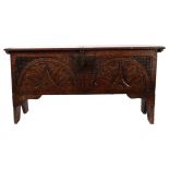 Antique oak 6-plank coffer with chip carved decoration of small size W69cm, H35cm, D22cm.