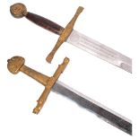 2 reproduction broad swords, 1 with cast-metal leather scabbard and handle, and engraved blades,