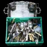 A large quantity of mixed plated flatware, plated cream jug and matching sugar bowl, etc (boxful)