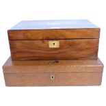 A Victorian walnut box with tray-fitted interior, 40.5cm across, and a baize lined oak box, both