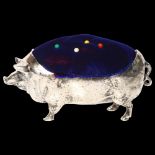 A large silver plated pig design pin cushion, L11cm