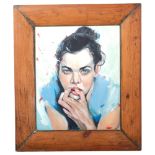 Acrylics on board, portrait of a young woman, in pine frame, 53cm x 47cm overall