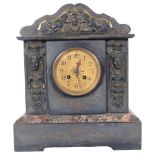 A slate and marble-cased mantel clock, with mask decoration, H34cm