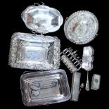 Various silver plated swing-handles trays, toast rack, crumb scoop etc (boxful)
