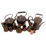 3 Antique copper kettles, coffee pot, measures and jugs