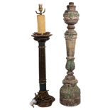 A painted and gilded table lamp, H77cm overall, and 2 Vintage carved and painted wood candlesticks