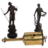 A pair of French spelter metal workers, on wooden plinths, H28cm, and a brass spit-roasting jack