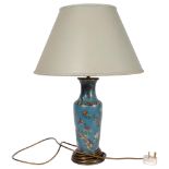 A cloisonne blue ground table lamp with floral and butterfly decoration and shade, H57cm overall