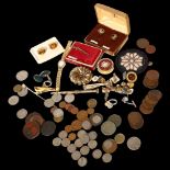 A collection of various costume jewellery, cufflinks, a gilt-metal propelling pencil, pre-decimal