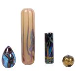 A group of 4 Isle of Wight glass items, including an iridescent blue vase with stylised design of