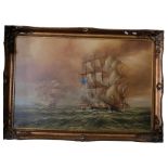 F Singer, oil on canvas, galleons at war, in ornate gilt frame, 73cm x 104cm