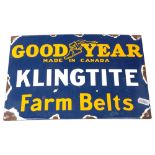 "Goodyear", a blue ground enamel advertising sign for Goodyear Klingtite Farm Belts, 30cm x 20cm