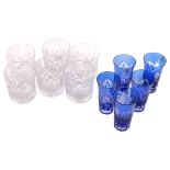 A set of 6 cut-crystal Whisky tumblers, and a set of 5 blue overlay cut-glass beakers