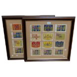 3 framed sets of Regimental silk postcards, and a maple-framed set with postcard depicting George