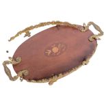 Inlaid oval mahogany tea tray with brass mounts and handles, L61cm overall