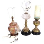 Oriental porcelain table lamp with painted and gilded decoration, a brass and cut-glass oil lamp
