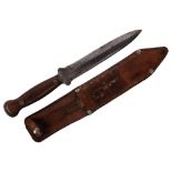 A Vintage hunting knife with turned wood handle, no maker's marks, L26cm, with leather scabbard