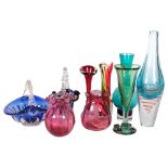 2 glass baskets, 2 cranberry glass vases, blue glass bottle vase with swirl design, 33cm, etc