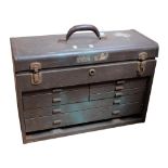 A Vintage portable metal toolbox with drawers, L51cm