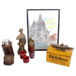 Old Holborn tin, 22cm across, submarine lighter, brass figure, bottle holders, and a sketch