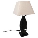 A contemporary cast-metal table lamp in the form of a feather, with LED bulb, and shade, overall