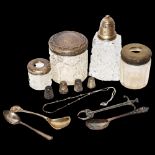 3 silver-topped dressing table bottles, including 2 hair tidies, a silver-topped sugar caster, 4