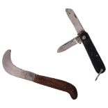 A small wooden handled billhook, no maker's marks, and a 2-bladed penknive