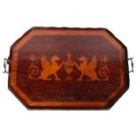 19th century inlaid mahogany tray with gallery and brass handles, with design depicting a pair of