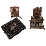 Antique cast and pierced gilded metal desk stand, a mother-of-pearl inlaid writing slope (A/F),