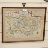 An 18th century hand painted French map of Kent, framed, 37cm x 46cm