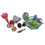 Art glass dishes, fish and snail figures, paperweights, Barbola mirror, H21cm, and 2 Bohemian