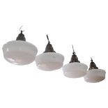 A set of 4 Vintage metal ceiling light fittings, with milk glass bowls, 27cm across