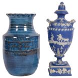 An Art pottery vase with incised decoration, 25.5cm, and a Jasperware style ornamental urn